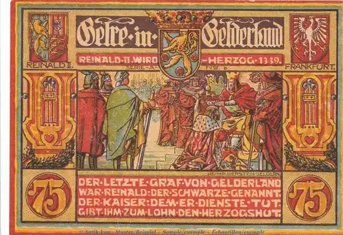 Notgeld Männergesangsverein Geldern 415.1.1 , 75 Pfennig Schein Nr.6 in kfr. von 1921 , Westfalen Seriennotgeld