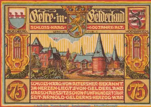 Notgeld Männergesangsverein Geldern 415.2 , 75 Pfennig Schein -B- Nr.1 in kfr. von 1921 , Westfalen Seriennotgeld