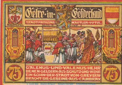 Notgeld Männergesangsverein Geldern 415.2 , 75 Pfennig Schein -B- Nr.2 in kfr. von 1921 , Westfalen Seriennotgeld