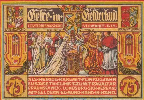 Notgeld Männergesangsverein Geldern 415.2 , 75 Pfennig Schein -B- Nr.3 in kfr. von 1921 , Westfalen Seriennotgeld