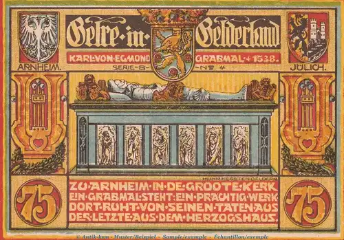 Notgeld Männergesangsverein Geldern 415.2 , 75 Pfennig Schein -B- Nr.4 in kfr. von 1921 , Westfalen Seriennotgeld