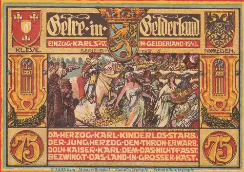 Notgeld Männergesangsverein Geldern 415.2 , 75 Pfennig Schein -B- Nr.5 in kfr. von 1921 , Westfalen Seriennotgeld