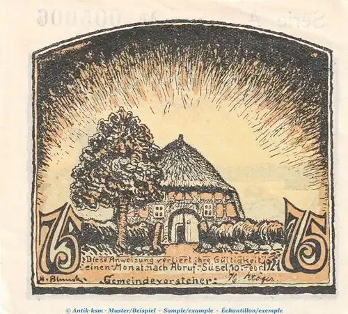 Notgeld Gemeinde Süsel 1300.1 , 75 Pfennig Schein in kfr. von 1921 , Schleswig Holstein Seriennotgeld