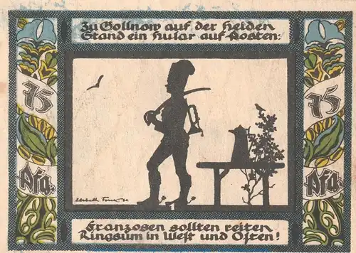 Notgeld Gollnower Husar 453.5 , 75 Pfennig Schein Nr.1 in kfr. von 1921 , Pommern Seriennotgeld