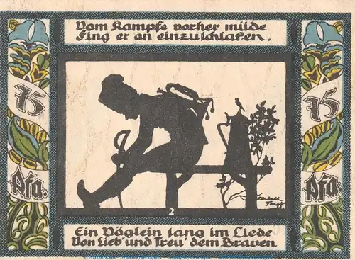 Notgeld Gollnower Husar 453.5 , 75 Pfennig Schein Nr.2 in kfr. von 1921 , Pommern Seriennotgeld