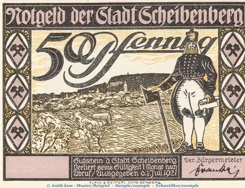 Notgeld Stadt Scheibenberg 1175.1.b , 50 Pfennig Nr.4 --Ohne Kennummer-- in kfr. von 1921 , Sachsen Seriennotgeld