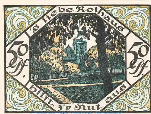Notgeld Stadt Scheibenberg 1175.1.b , 50 Pfennig Nr.5 --Ohne Kennummer-- in kfr. von 1921 , Sachsen Seriennotgeld