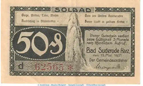 Notgeld Gemeinde Suderode 1292.1.b , 50 Pfennig -vertauschter Buchstabe- in L-gbr. von 1921 , Sachsen Anhalt Seriennotgeld