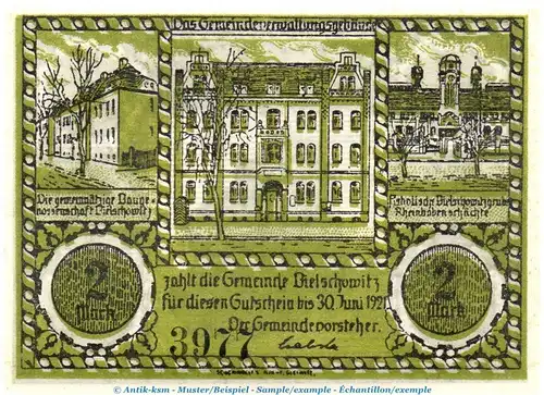 Notgeld Gemeinde Bielschowitz 104.4 , 2 Mark Schein in kfr. o.D. , polnisch Oberschlesien Seriennotgeld