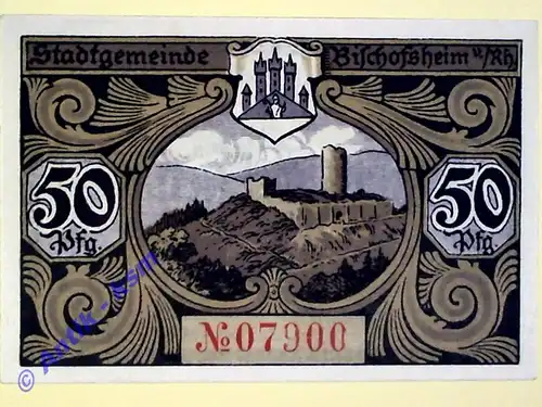 Notgeld Stadt Bischofsheim 107.2 , 50 Pfennig Nr.2 - Wz.Wellen - in kfr. o.D. Bayern Seriennotgeld