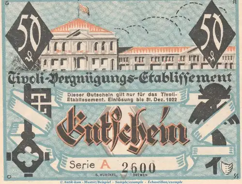 Notgeld Tivoli Bremen 180.1.b , 50 Pfennig Schein hellblau in kfr. o.D. Bremen Seriennotgeld
