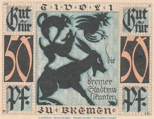 Notgeld Tivoli Bremen 180.1.b , 50 Pfennig Schein hellblau in kfr. o.D. Bremen Seriennotgeld