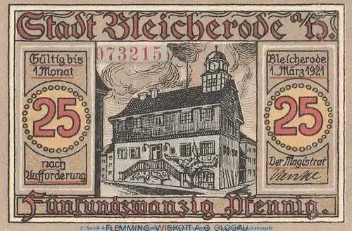 Notgeld Stadt Bleicherode 119.2 , 25 Pfennig -rote KN- in kfr. von 1921 , Seriennotgeld Thüringen