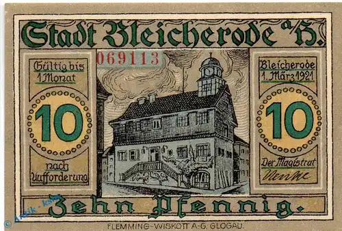 Notgeld Bleicherode , 10 Pfennig Schein in kfr. Kn rot , Mehl Grabowski 119.2 , von 1921 , Seriennotgeld Thüringen