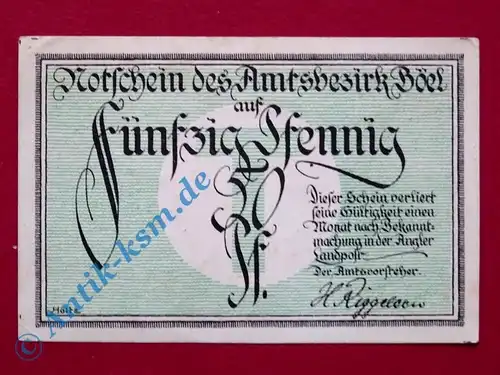 Notgeld Boel , Einzelschein ohne kennummer über 50 Pfennig , Mehl Grabowski 132.1 C , Schleswig Holstein Seriennotgeld