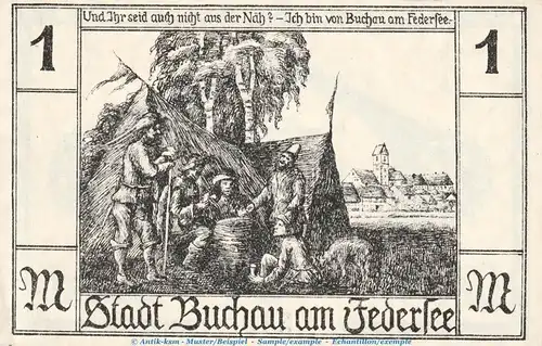 Notgeld V.f. A. und Heimatkunde Buchau 197.1 , 1 Mark Schein in kfr. von 1921 , Württemberg Seriennotgeld