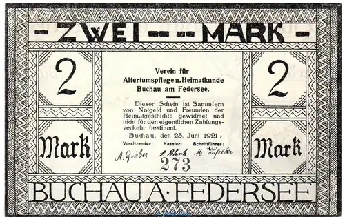 Notgeld Ver. f. Heimatkunde Buchau 197.1 , 2 Mark Schein in kfr. von 1921 , Baden Württemberg Seriennotgeld