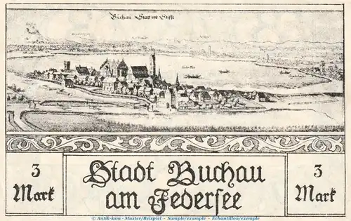 Notgeld V.f.A. und Heimatkunde Buchau 197.1 , 3 Mark Schein in kfr. von 1921 , Württemberg Seriennotgeld
