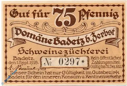 Notgeld Domäne Badetz , 75 Pfennig Nr 2 , Mehl Grabowski 59.1 , von 1918 , Sachsen Anhalt Serien Notgeld