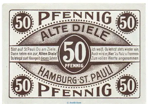 Notgeld Alte Diele Hamburg 515.2 , 50 Pfennig Schein Nr 2 in kfr. o.D. Hamburg Seriennotgeld