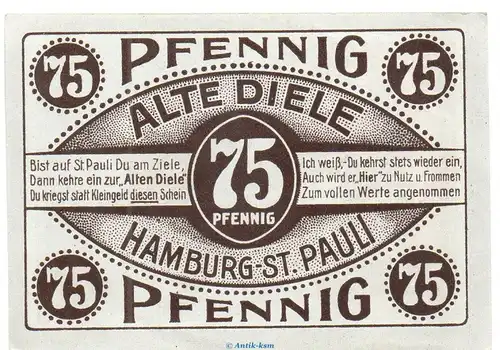 Notgeld Alte Diele Hamburg 515.2 , 75 Pfennig Schein in kfr. o.D. Hamburg Seriennotgeld