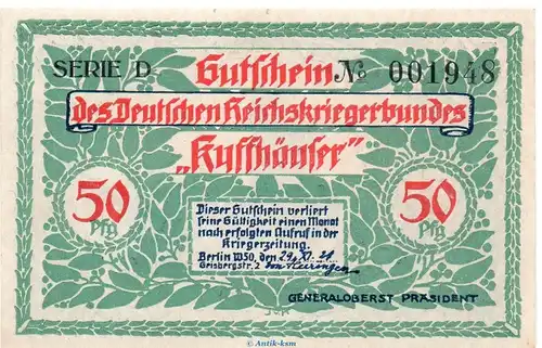 Notgeld RKB Kyffhäuser Berlin 91.1 , 50 Pfennig Schein -D- in kfr. von 1921 , Brandenburg Seriennotgeld