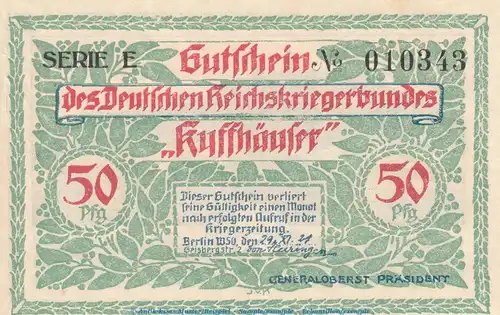 Notgeld RKB Kyffhäuser Berlin 91.1 , 50 Pfennig Schein -E- in kfr. von 1921 , Brandenburg Seriennotgeld