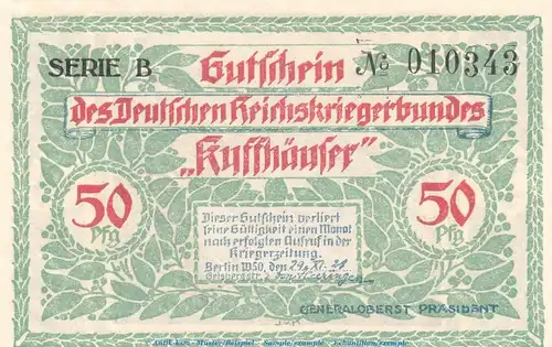 Notgeld RKB Kyffhäuser Berlin 91.1 , 50 Pfennig Schein -B- in kfr. von 1921 , Brandenburg Seriennotgeld