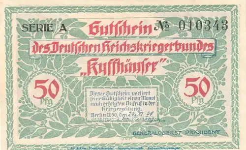 Notgeld RKB Kyffhäuser Berlin 91.1 , 50 Pfennig Schein -A- in kfr. von 1921 , Brandenburg Seriennotgeld