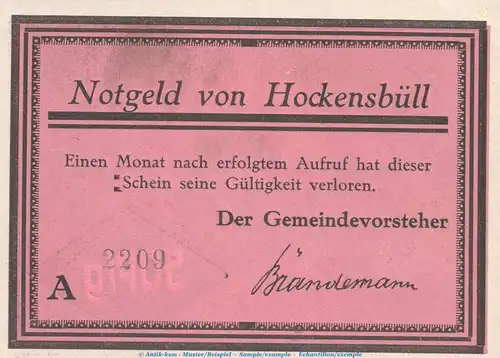 Notgeld Gemeinde Hockensbüll 614.2.a , 50 Pfennig A --mit Kennummer-- in kfr. o.D. Schleswig Holstein Seriennotgeld