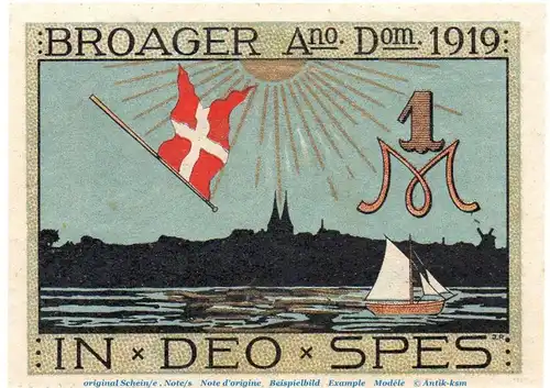 Notgeld Gemeinde Broacker 188.1 , 1 Mark Schein in kfr. o.D. dänisch Nordschleswig Seriennotgeld