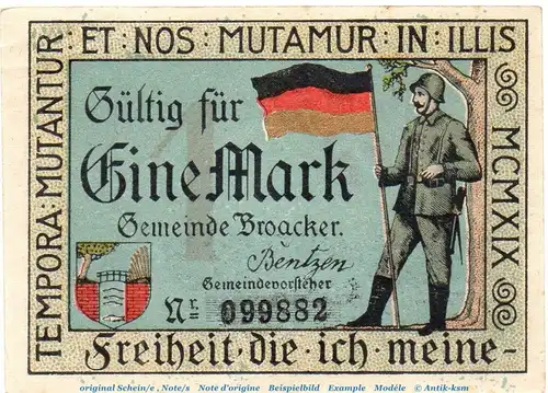 Notgeld Gemeinde Broacker 188.1 , 1 Mark Schein in kfr. o.D. dänisch Nordschleswig Seriennotgeld