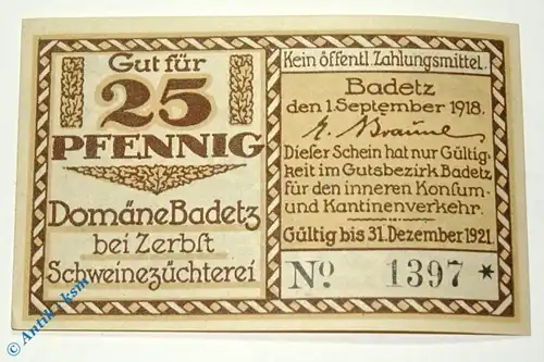 Notgeld Badetz bei Zerbst , Schein über 25 Pfennig braun , Mehl Grabowski 59.1 , von 1918 , Sachsen Anhalt Seriennotgeld