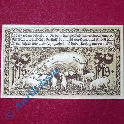 Notgeld Badetz bei Zerbst , Schein über 50 Pfennig rotbraun , Mehl Grabowski 59.1 , von 1918 , Sachsen Anhalt Seriennotgeld