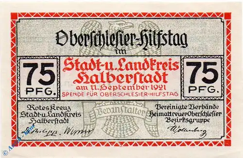 Notgeld Halberstadt , Rotes Kreuz , 75 Pfennig Schein , Mehl Grabowski 503.1 A , von 1921 , Sachsen Anhalt Seriennotgeld