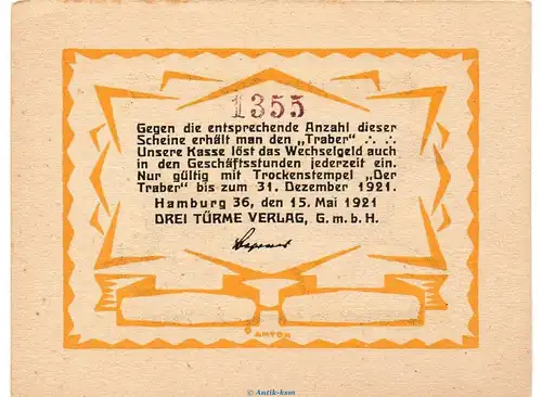 Notgeld der Traber Hamburg 524.1.c , 40 Pfennig Schein in kfr. von 1921 , Hamburg Seriennotgeld