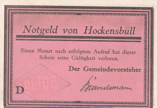 Notgeld Gemeinde Hockensbüll 614.2.b , 50 Pfennig Schein -D- in kfr. o.D. Schleswig Holstein Seriennotgeld