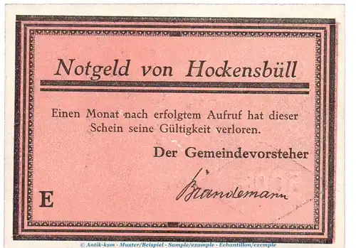 Notgeld Gemeinde Hockensbüll 614.1.b , 50 Pfennig Schein E -rosa- in kfr. o.D. Schleswig Holstein Seriennotgeld
