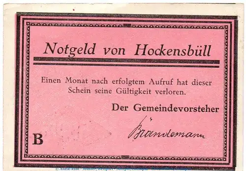 Notgeld Gemeinde Hockensbüll 614.2.b , 50 Pfennig Schein B -violettrosa- in kfr. o.D. Schleswig Holstein Seriennotgeld