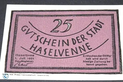 Notgeld Haselünne , 25 Pfennig Schein , Mehl Grabowski 583.1 e , von 1921 , Niedersachsen Seriennotgeld