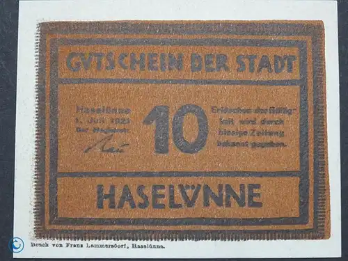 Notgeld Haselünne , 10 Pfennig Schein , Mehl Grabowski 583.1 e , von 1921 , Niedersachsen Seriennotgeld