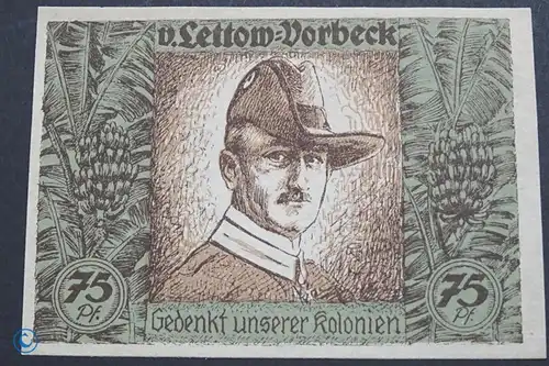 Notgeld Berlin Kolonialpioniere , 75 Pfennig Schein Vorbeck , Büttenpapier , Mehl Grabowski 88.6 , von 1921 , Brandenburg Seriennotgeld