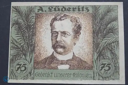 Notgeld Berlin Kolonialpioniere , 75 Pfennig Schein Lüderitz , Büttenpapier , Mehl Grabowski 88.6 , von 1921 , Brandenburg Seriennotgeld