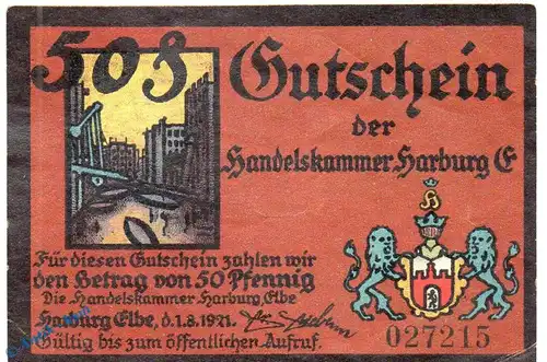Notgeld Harburg , 50 Pfennig Schein braun in kfr. Mehl Grabowski 579.1 , von 1921 , Hamburg Seriennotgeld