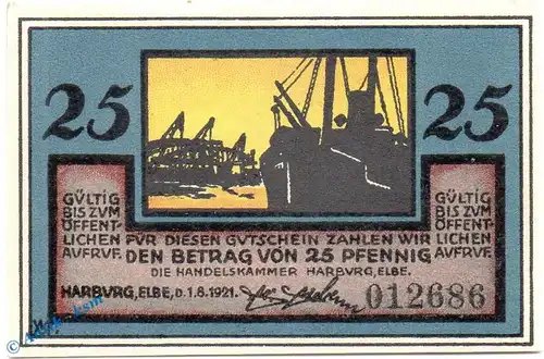 Notgeld Harburg , 25 Pfennig Schein in kfr. Mehl Grabowski 579.1 , von 1921 , Hamburg Seriennotgeld