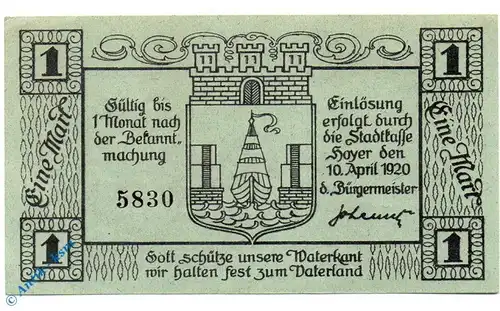 Notgeld Hoyer , 1 Mark Schein in kfr. Mehl Grabowski 633.1 , von 1920 , Dänisch Nordschleswig Seriennotgeld