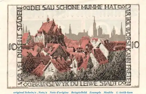 Notgeld Stadt Braunschweig 155.2.b , 10 Pfennig Schein o. Drfa. in kfr. von 1921 , Niedersachsen Seriennotgeld
