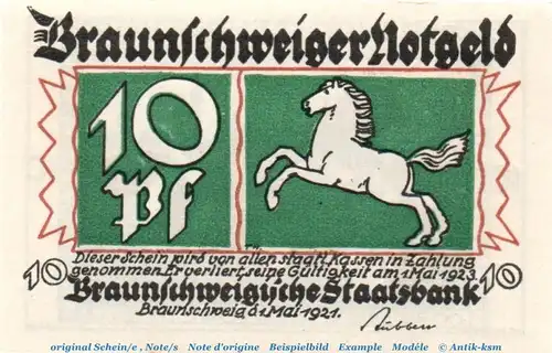 Notgeld Stadt Braunschweig 155.2.b , 10 Pfennig Schein o. Drfa. in kfr. von 1921 , Niedersachsen Seriennotgeld