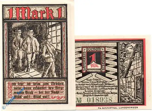 Notgeld Bochum , 1 Mark Schein Nr 1 , Kn = grün , Mehl Grabowski 127.1 b , von 1921 , Westfalen Seriennotgeld