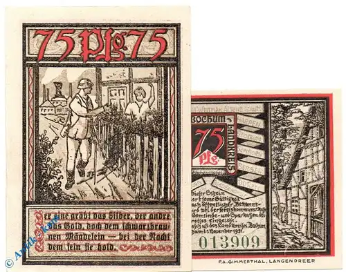 Notgeld Bochum , 75 Pfennig Schein Nr 1 , Kn = grün , Mehl Grabowski 127.1 b , von 1921 , Westfalen Seriennotgeld